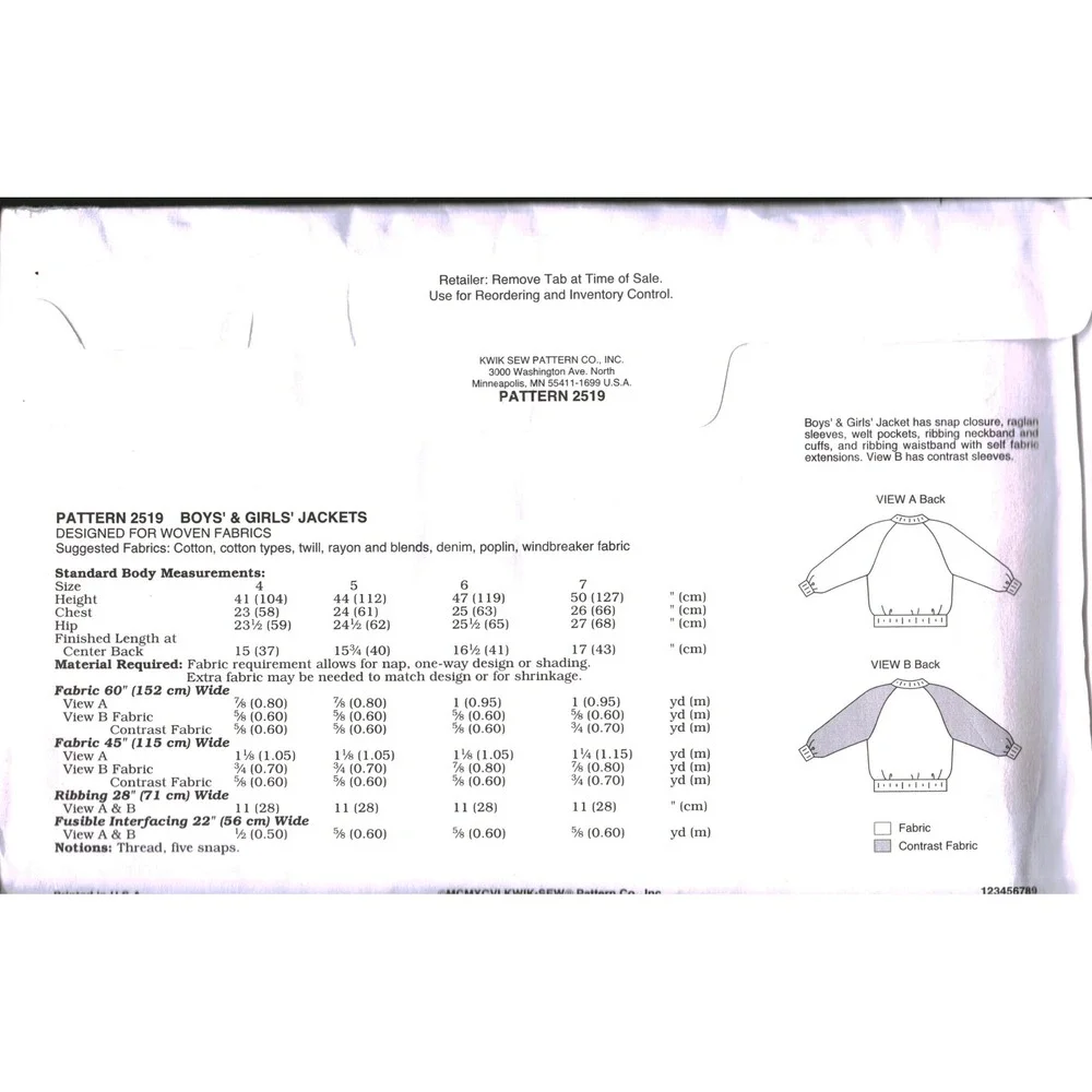 Kwik Sew 2519 Childrens Bomber Jacket Sewing Pattern Sizes 4-5-6-7 Varsity Coat